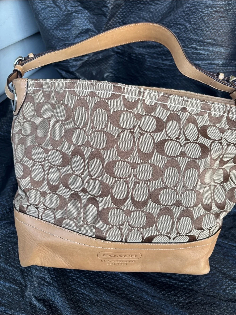VTG Coach Brown Signature jacquard Canvas & Tan Leather shoulder Bag